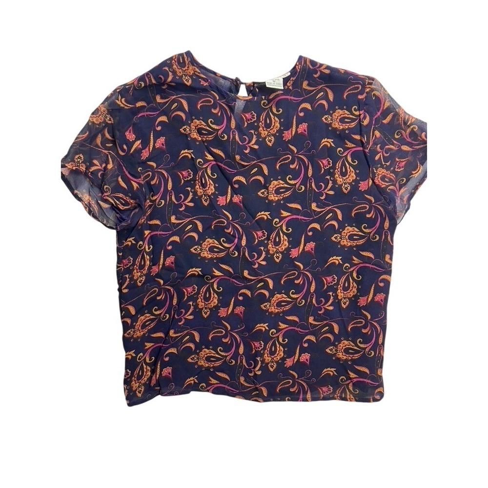 Vintage Hana Sung Women's Silk Paisley Short Sleeve Blouse Navy‎ Pink Orange S